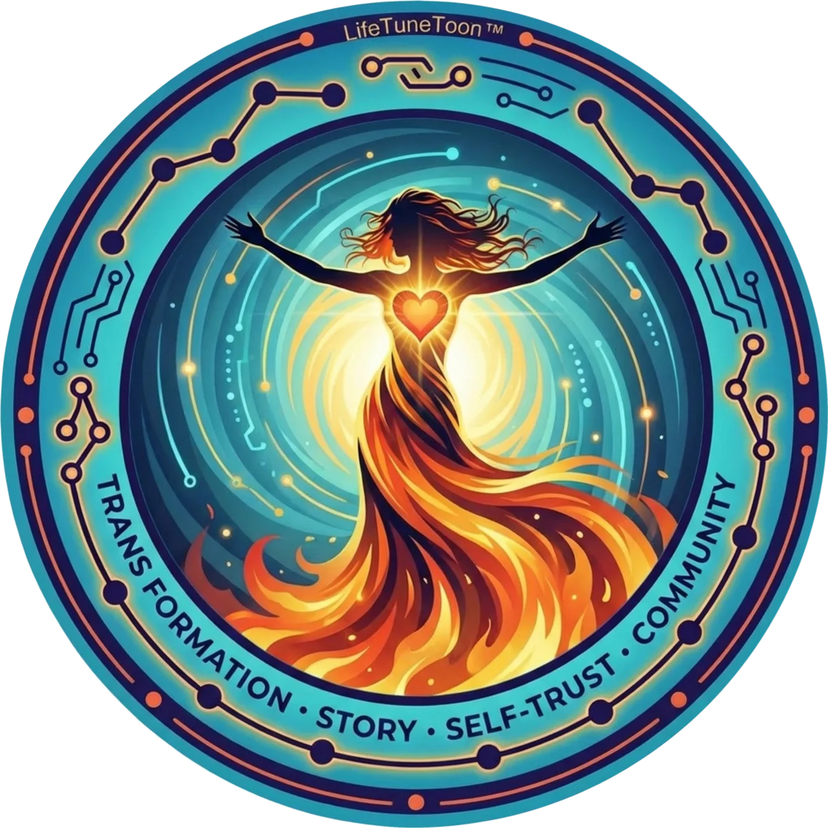LifeTuneToon™ logo — Tucia, a luminous figure rising with open arms